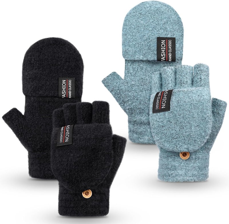 YSense Womens Winter Gloves, 2 Pack Warm Knitted Convertible Fingerless Gloves for Women Gifts with Mittens Cover Cap - Image 1